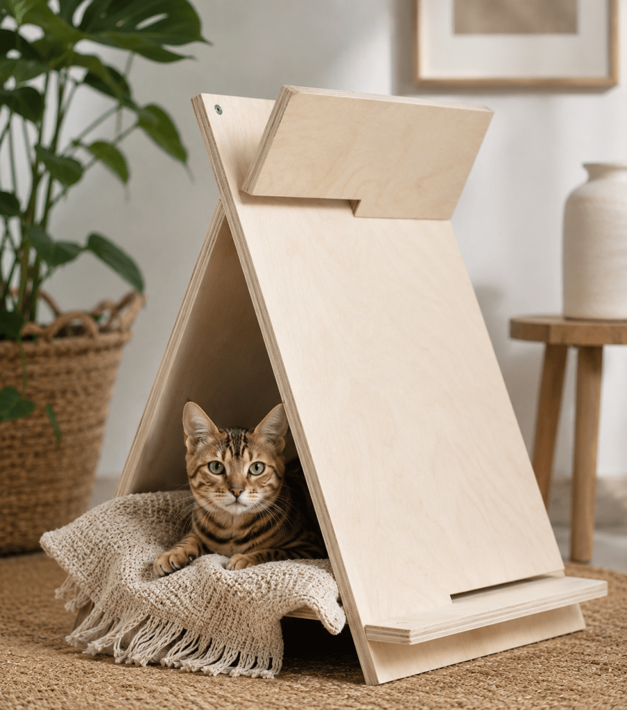 cabane tipi bois assemblage maison diy famille chat
